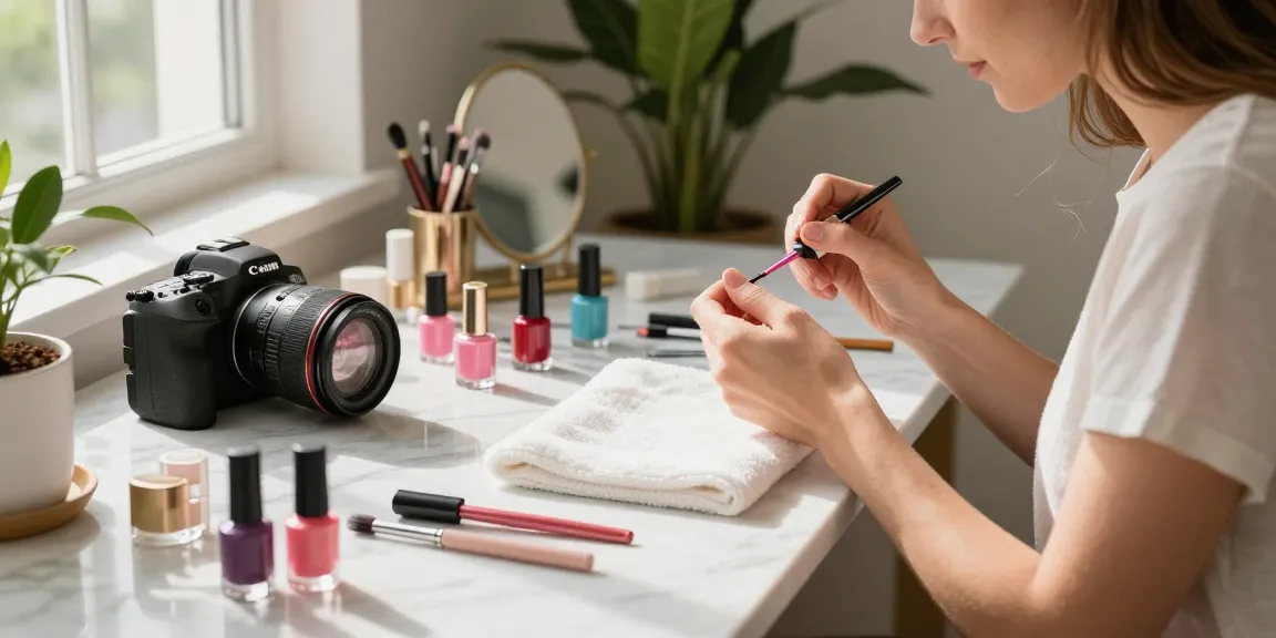 Aplicarea lacului de unghii cu baza și top coat unghii expusă pe o stație de manichiură elegantă.