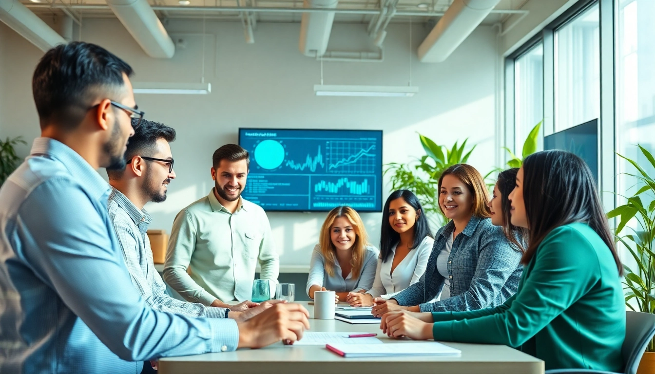 Engaged professionals discussing strategies at GARVEE.com in a bright modern office.