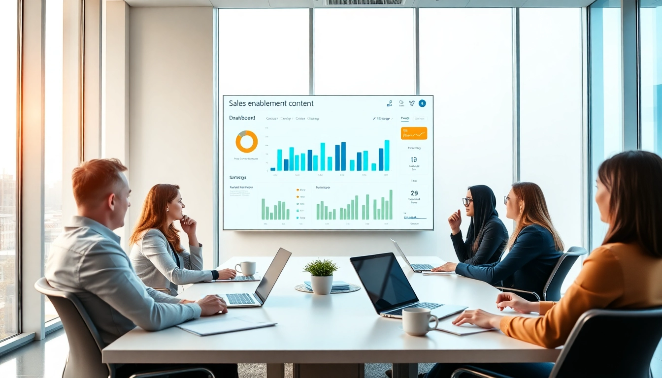 Engaged team discussing strategies using sales enablement content tracking displayed on a digital dashboard.