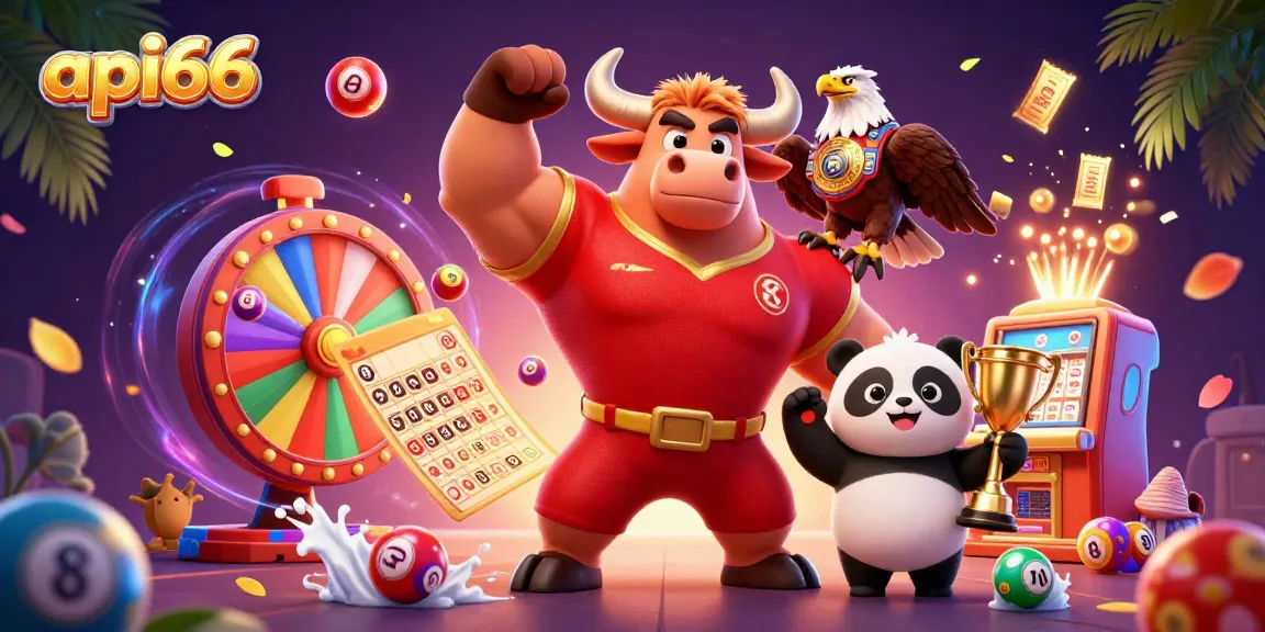 Experience thrilling gameplay at api66 with a festive scene of characters celebrating wins amid colorful lottery and gaming elements.