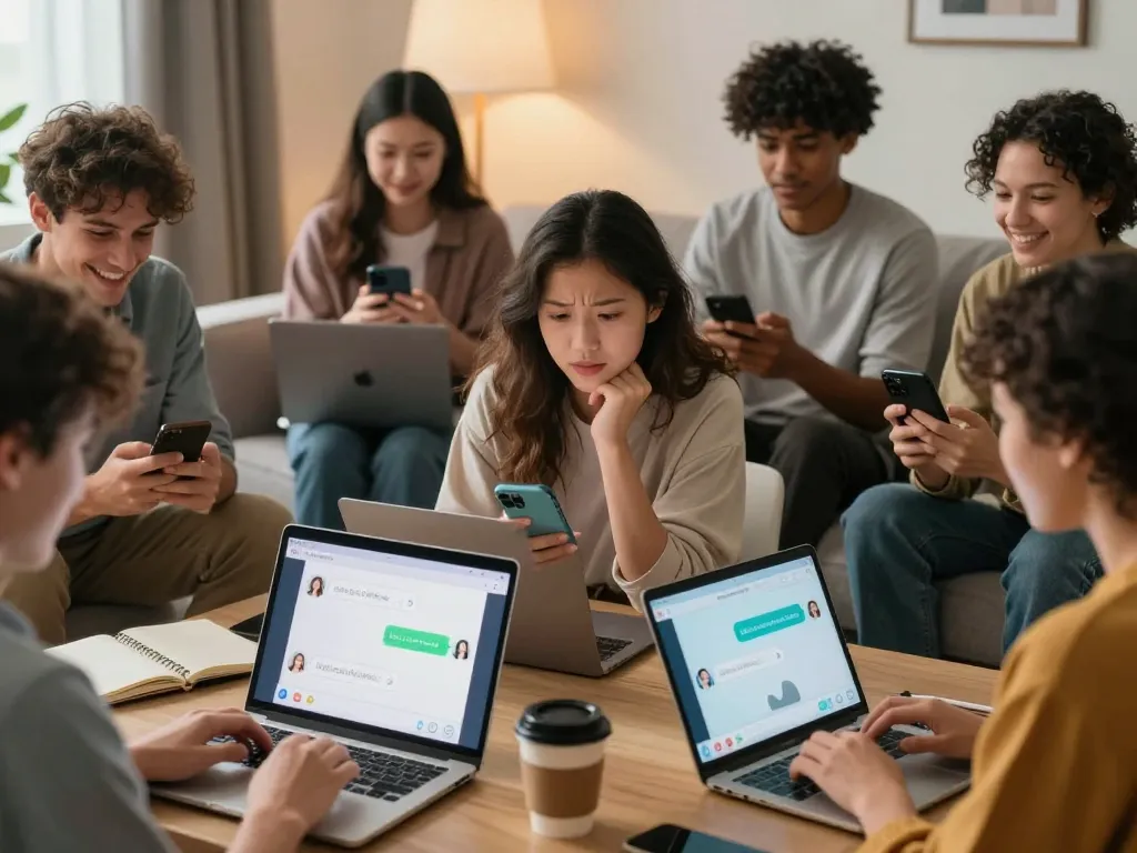 Interactive scene showcasing people engaging in sex chat ai conversations on various devices, highlighting emotional connection and modern communication.