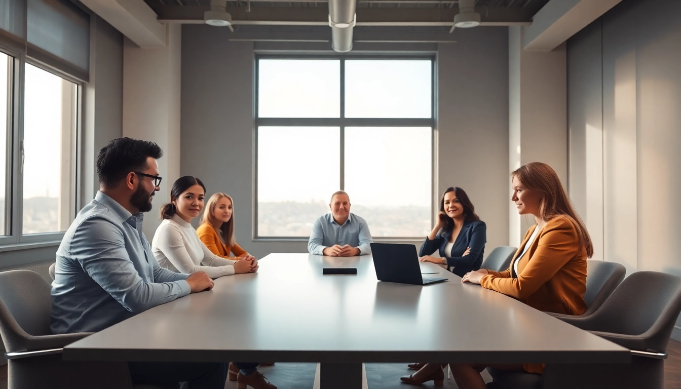 Mediation session in a modern office with a diverse group collaborating.