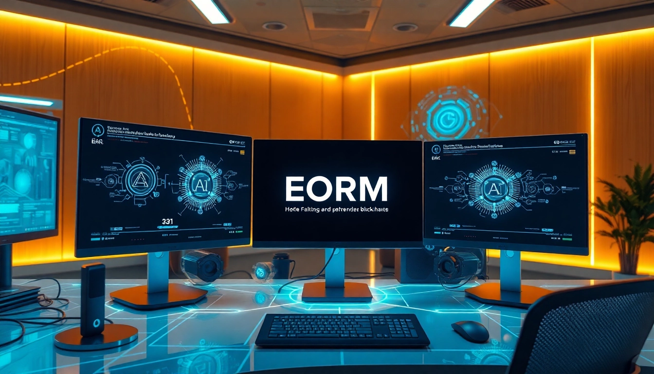 EORMC blockchain interface in a futuristic workspace highlighting innovation and technology.