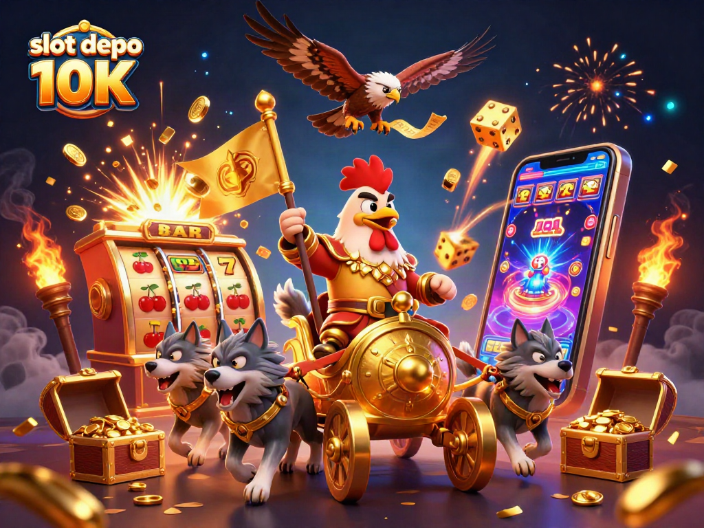 Spin and win with slot depo 10K as a rooster warlord rides a golden chariot amidst jackpot excitement.