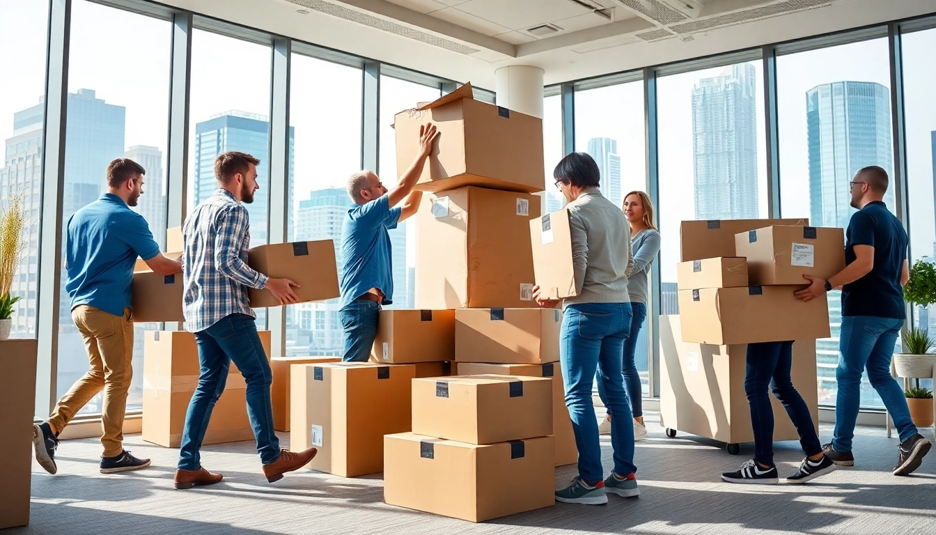 Efficient Chicago Movers packing office items in a bright urban setting.