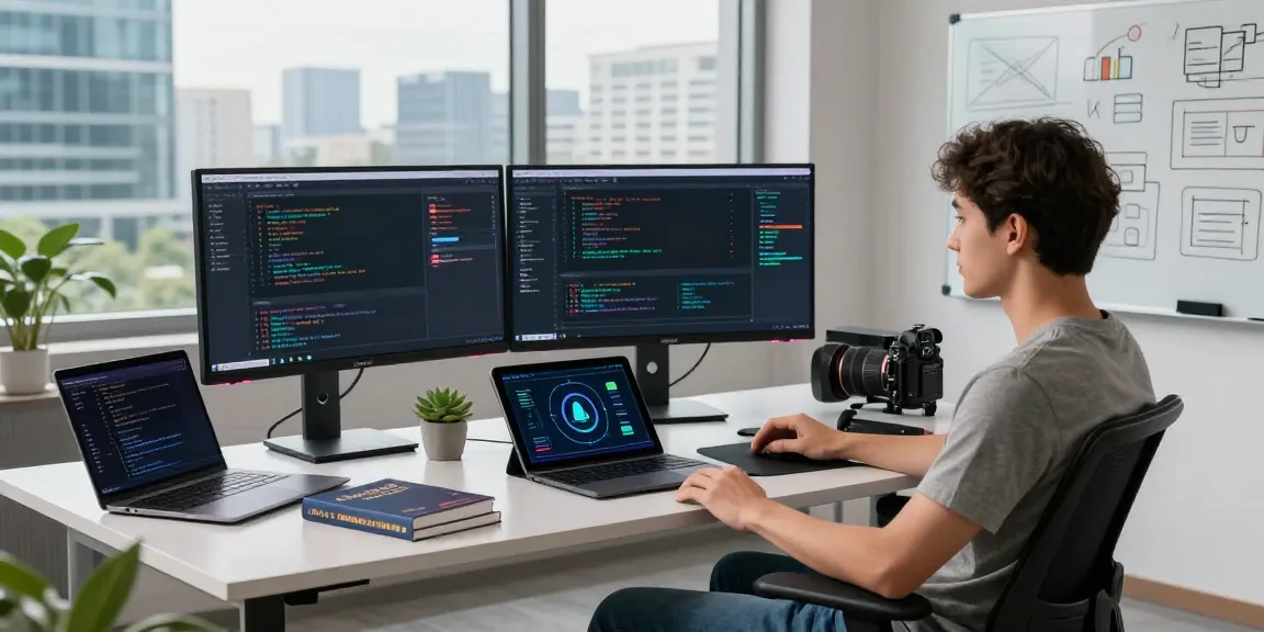 Engaging Kobold AI workspace with multiple monitors and coding gadgets in a modern office setting