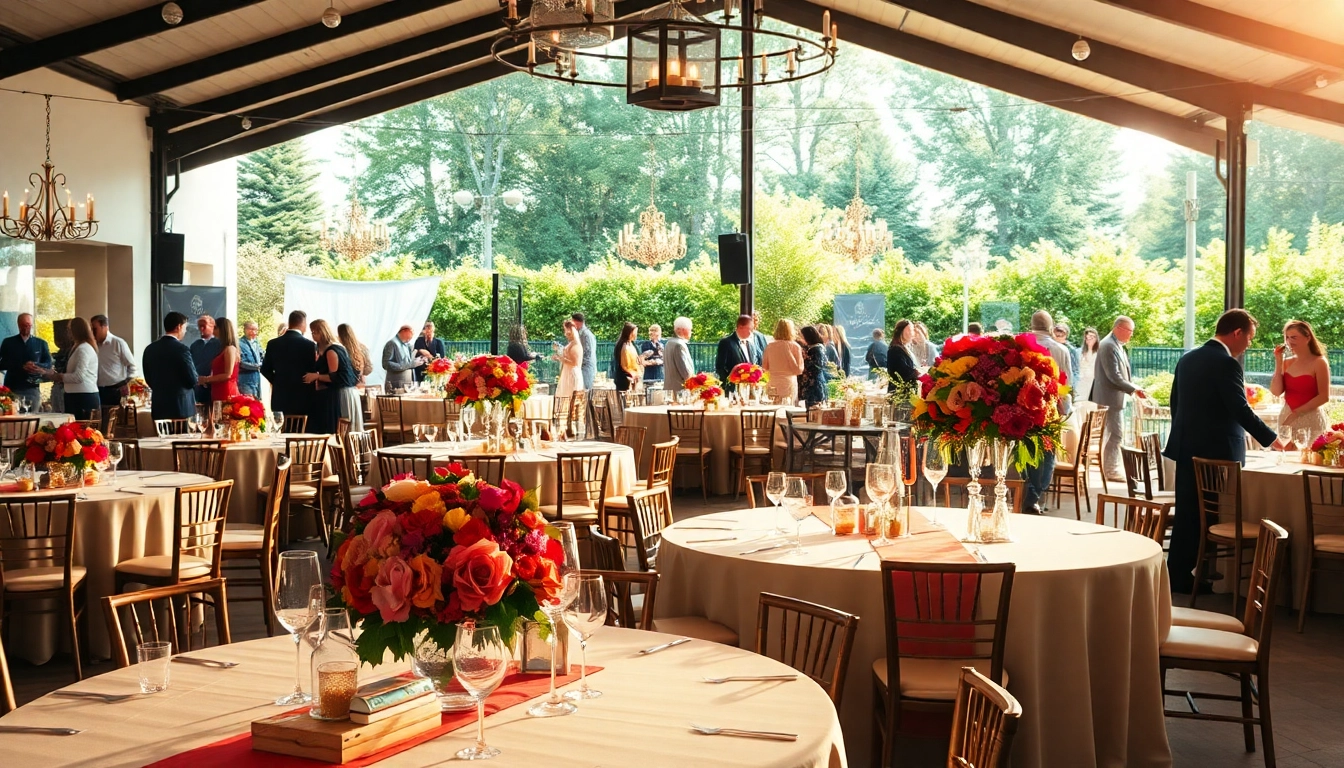Elegant event rentals setup with vibrant floral arrangements and lively atmosphere.