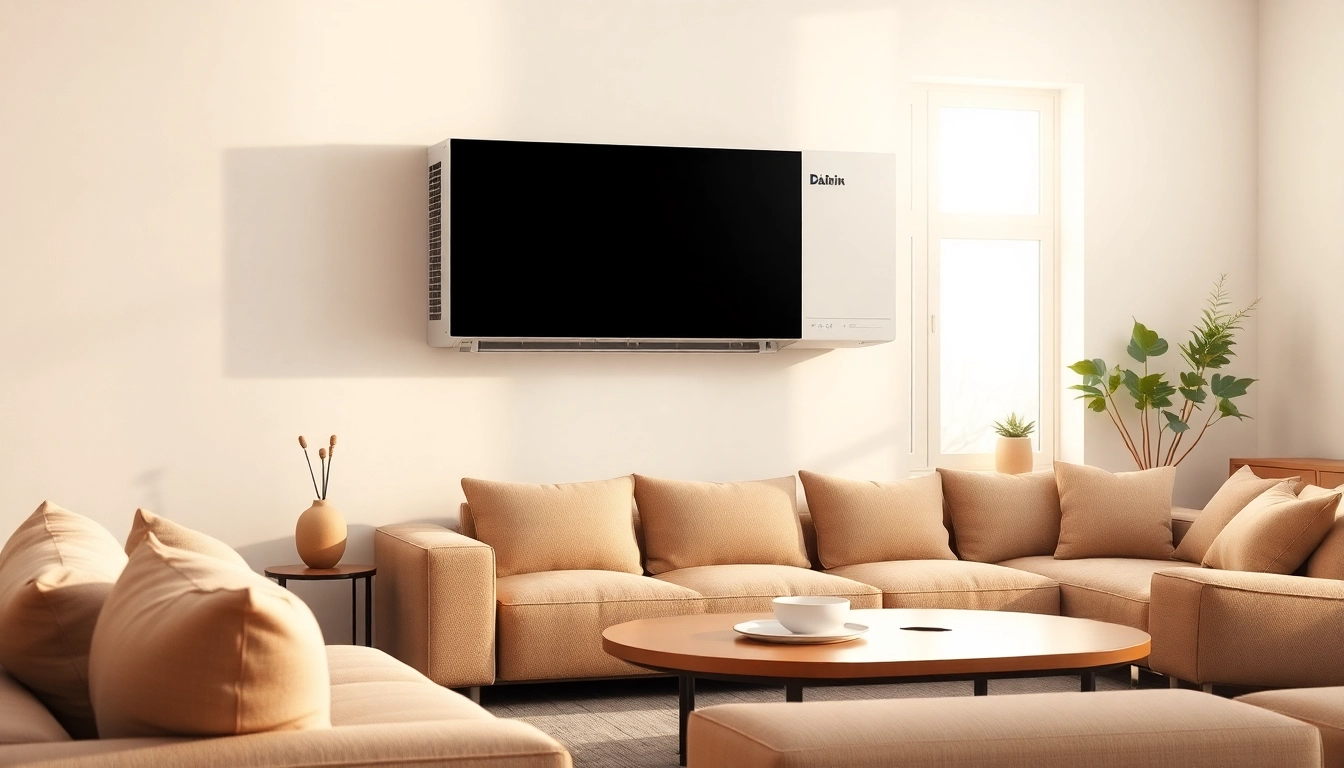 Showcasing a Daikin mini split ac in an elegant living room, demonstrating energy efficiency and modern design.