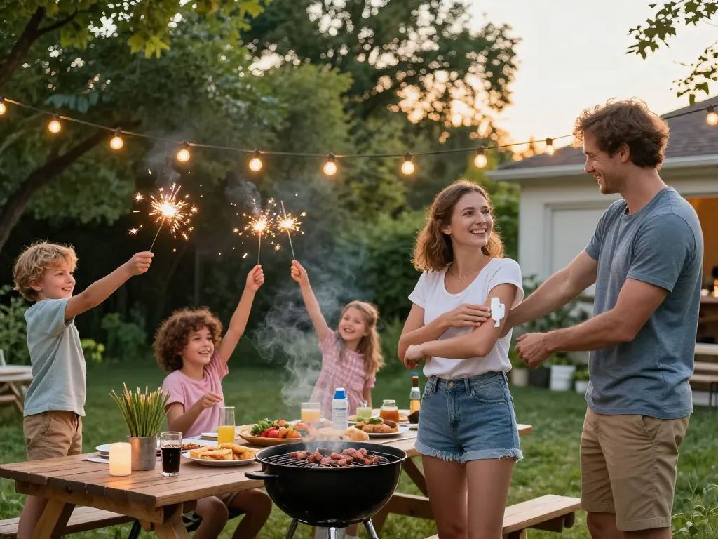 Family using mosquito repellent at a backyard BBQ to stay protected from pests.
