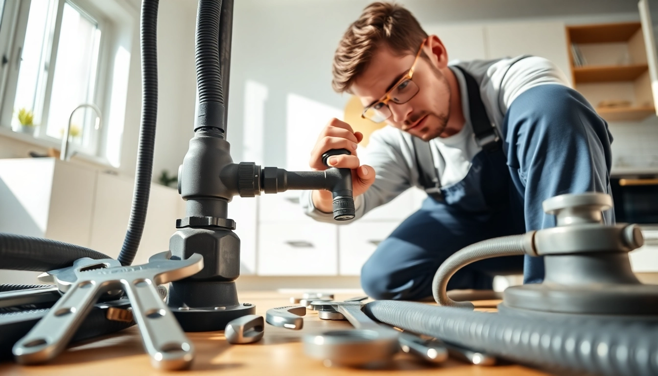 Plumber near me repairing pipes in a bright kitchen setting, emphasizing professional service.