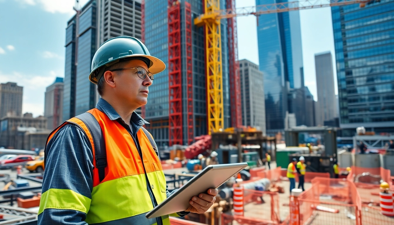 New York City Construction Manager supervising a diverse urban construction site, showcasing teamwork.