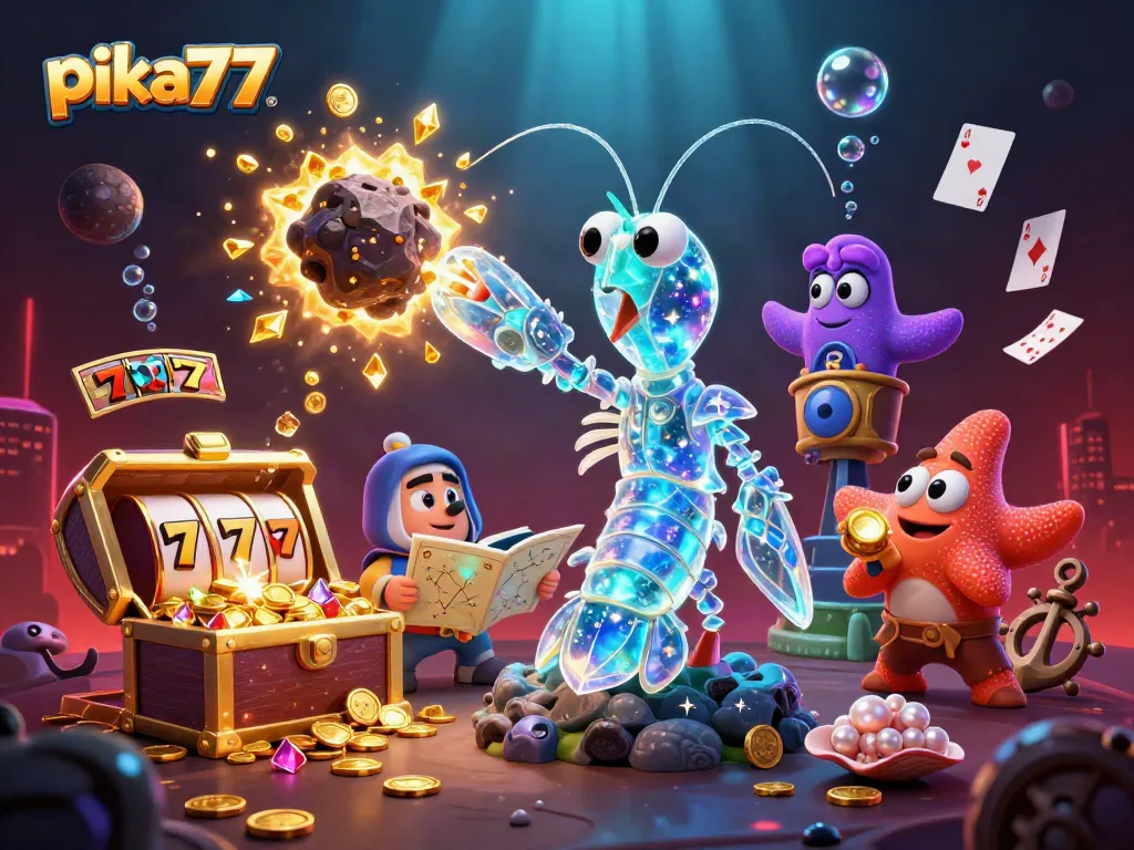 Experience the excitement of pika77 with a galactic samurai mantis shrimp fighting for golden jackpots in a vibrant underwater scene.
