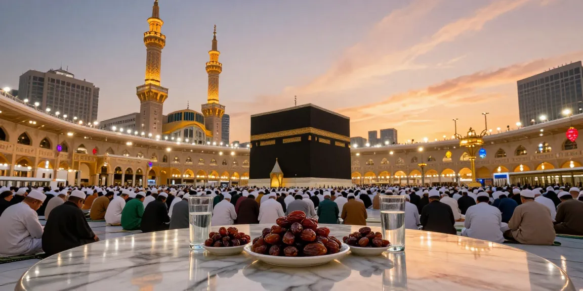 Umroh Ramadhan experience: pilgrims at Masjid al-Haram sharing Iftar, beautiful destination, spiritual journey, travel guide.