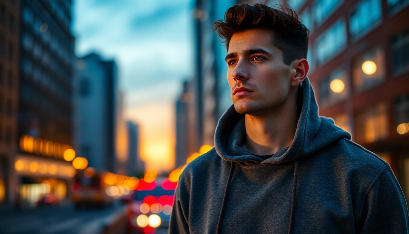 Shop high quality blank hoodies with a stylish model in an urban setting showcasing comfort and versatility.