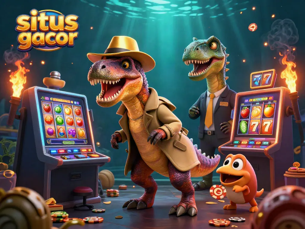 Visualisasi situs slot gacor dengan karakter dinosaurus menyerukan suasana permainan slot yang menarik.