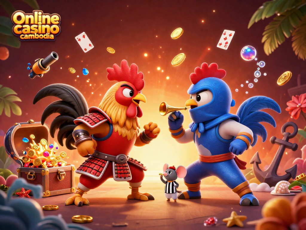 Engage in thrilling action with Online casino Cambodia featuring roosters in battle amidst vibrant casino elements.