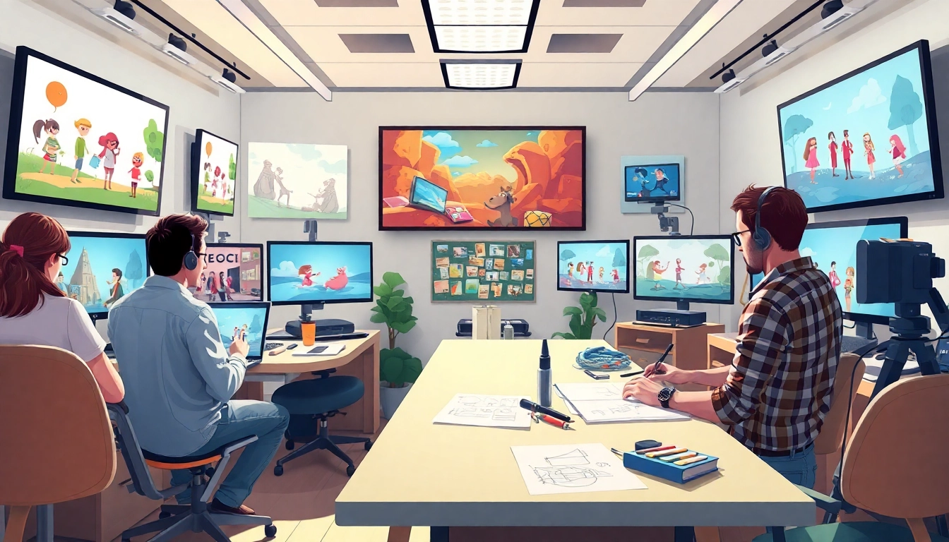 Animationsagentur zeigt kreative Künstler bei der Arbeit an Animationsprojekten.