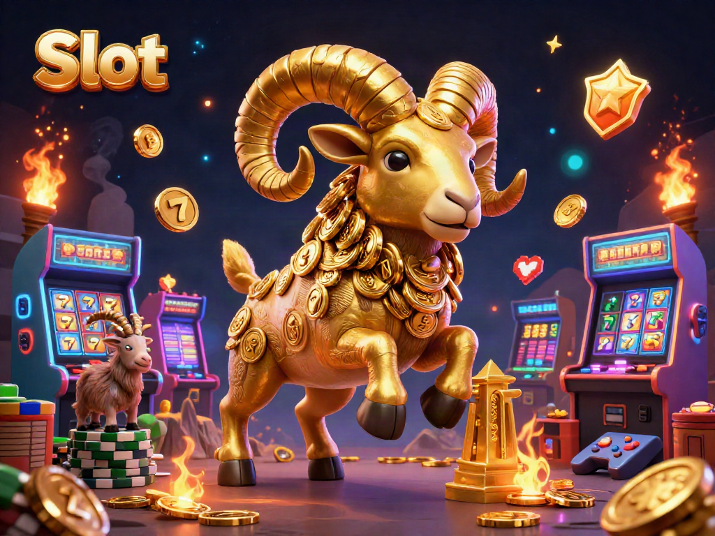 Spin the Slot reels with golden ram and dazzling game elements in a vibrant casino scene.