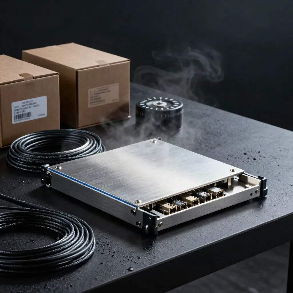 Drive trays, Ethernet coils and archive boxes on a dark studio surface in misty dawn light.