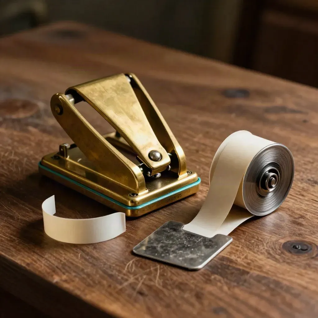 Brass ticket punch, wristband reel, and stage pass clip on dark walnut.