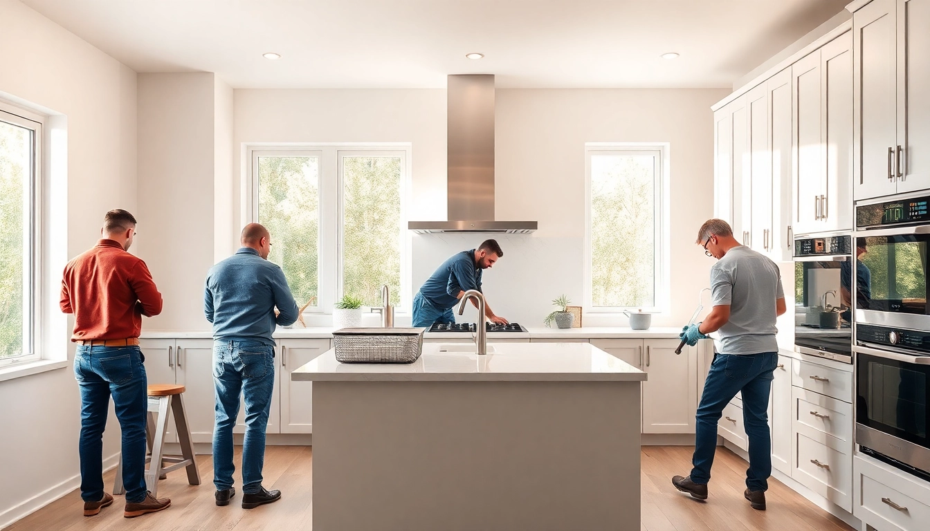 Kitchen installers working on a modern kitchen renovation with sleek designs and natural lighting.