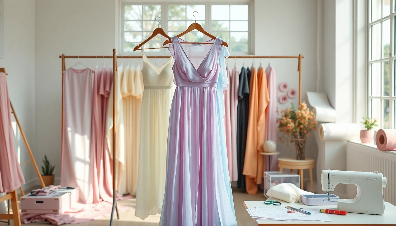 Chiffon stof in een creatieve modewerkplaats met rollen en een jurk.