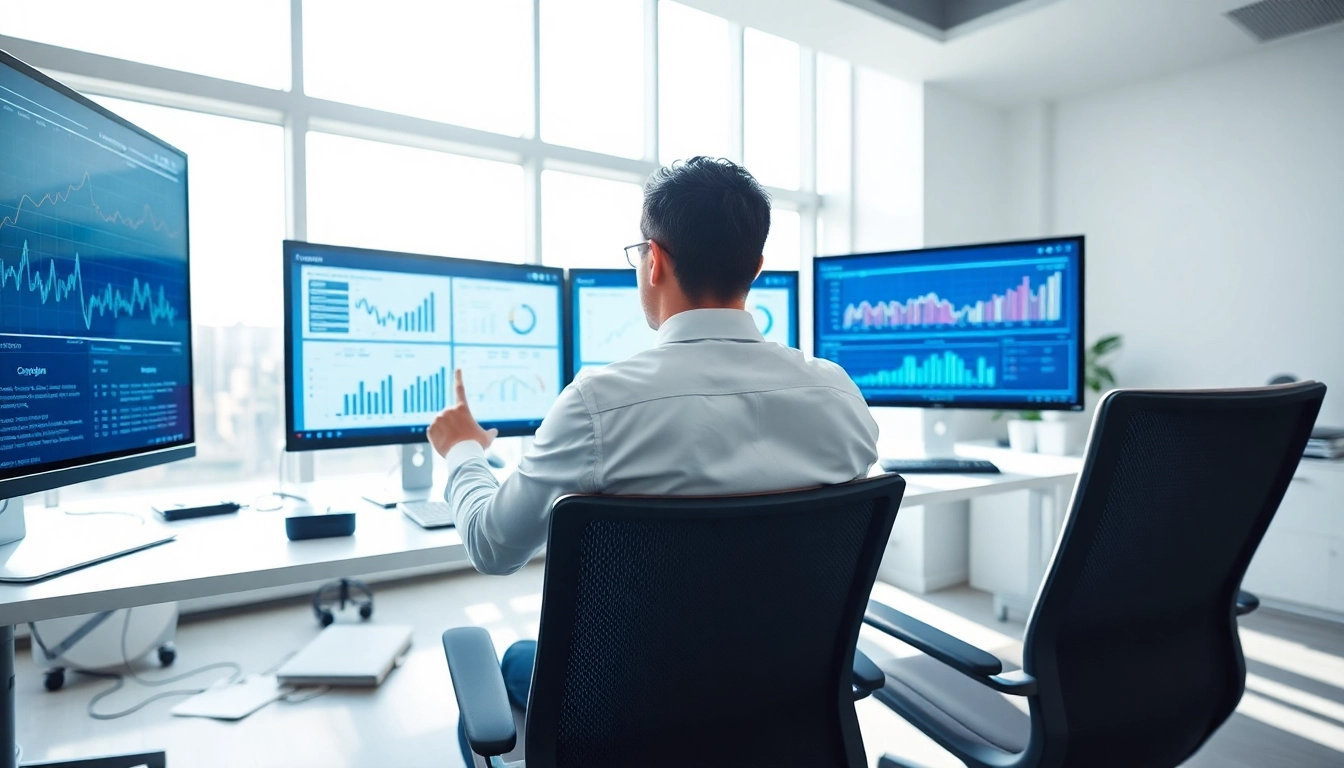 Using AI for competitive intelligence in a modern office with dual monitors showing data graphs.