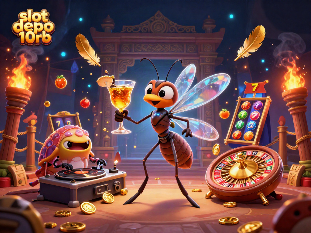 Enticing slot depo 10rb scene showcasing vibrant casino elements and lively characters for gamblers.
