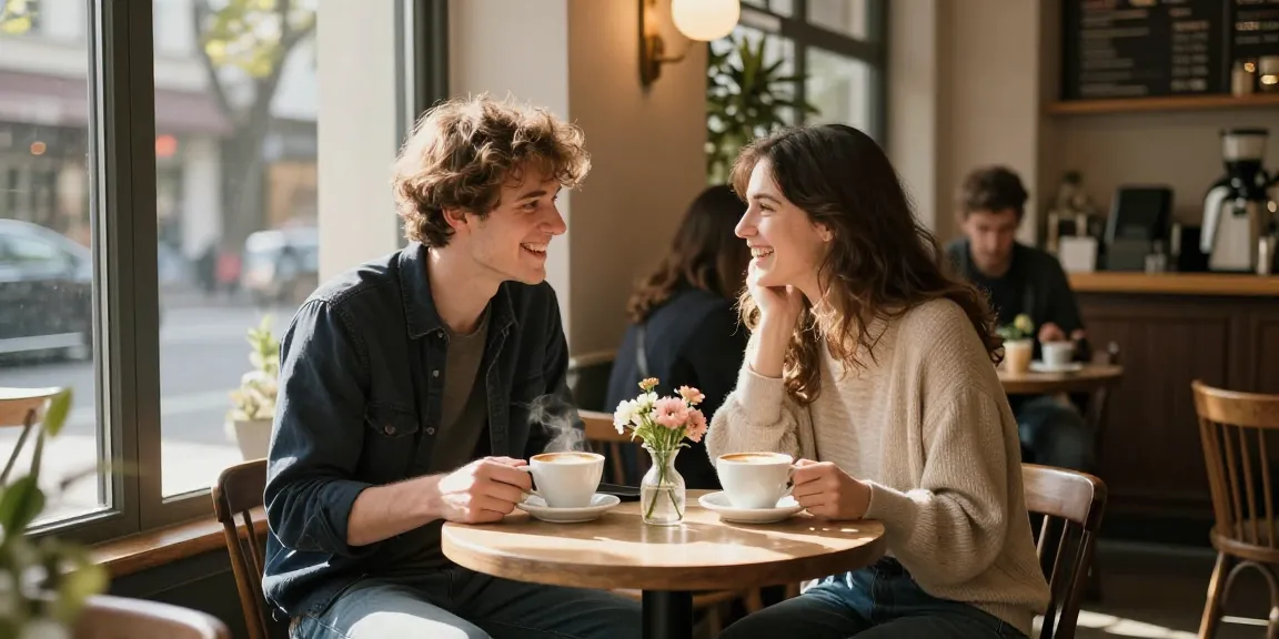 A young couple enjoying a romantic moment at a café, sharing laughter and coffee while exploring their crush on each other.