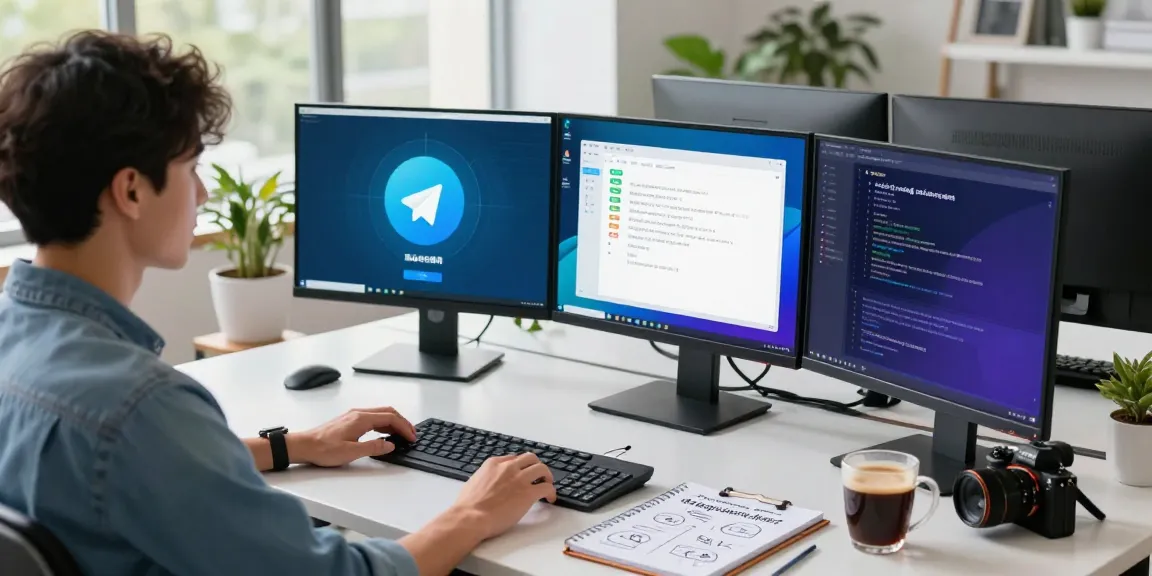 Engaging workspace showcasing telegram中文版 on multiple screens demonstrating efficient communication methods.