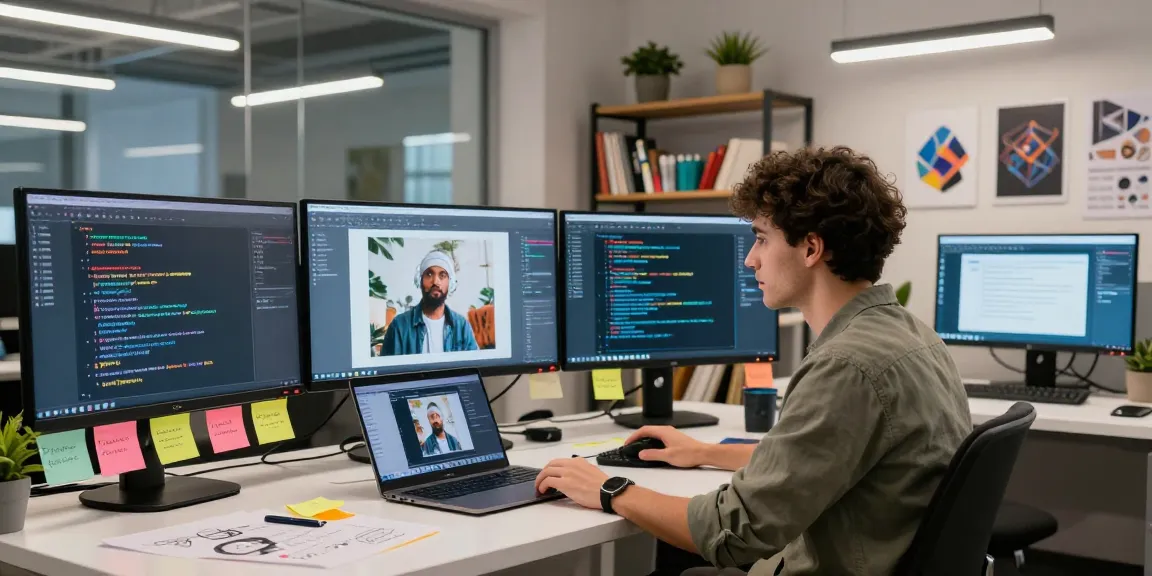 AI developer generating prompts from images in a vibrant digital workspace, showcasing modern technology.