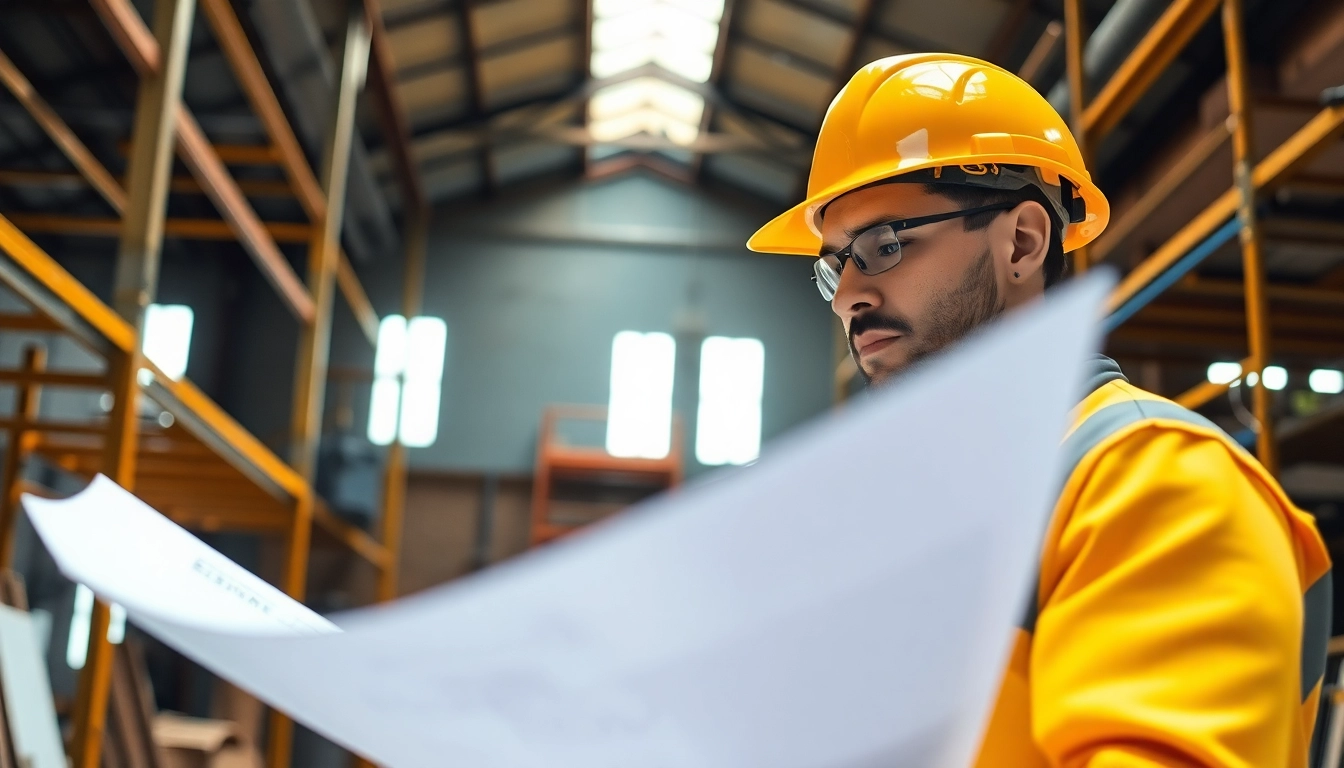 Construction worker examining plans highlighting nccer certification requirements in a vibrant industrial setting.