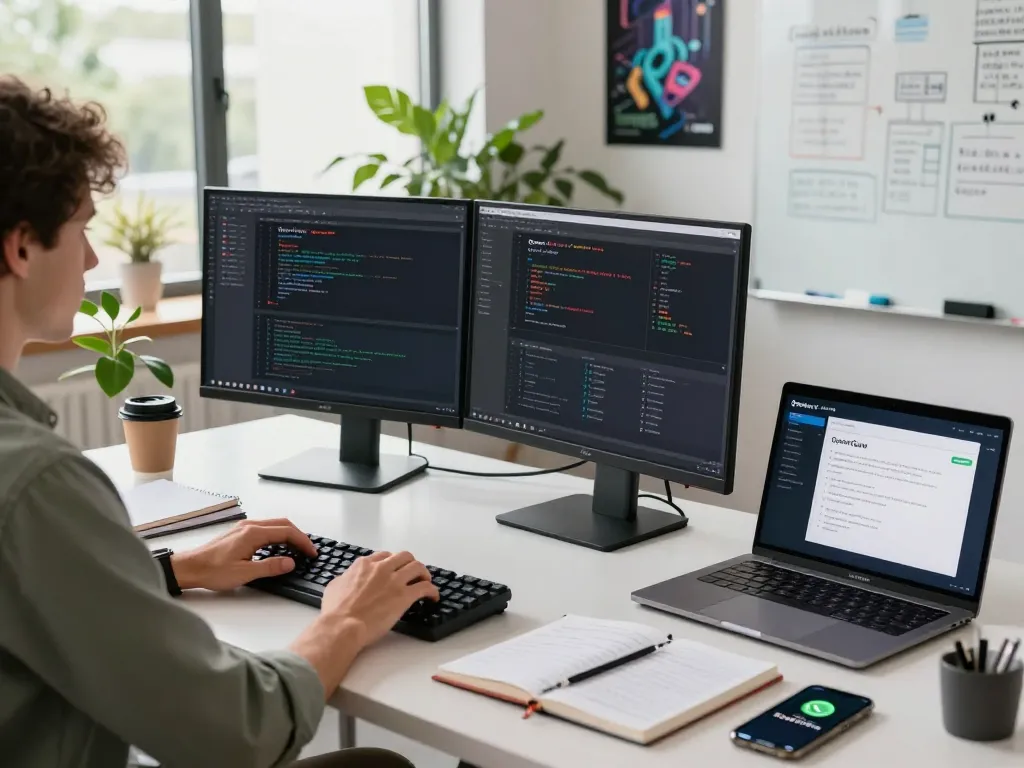 OpenClaw personal AI assistant in a modern tech workspace with a developer coding on dual screens.