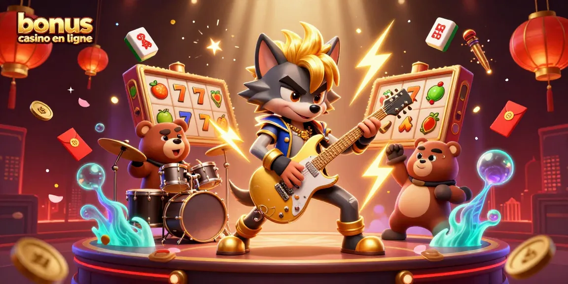 Illustration engageante de "bonus casino en ligne" mettant en scène un loup rock star vibrant et un ours batteur dans une scène de casino colorée.