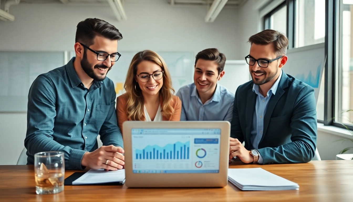 Analyze google ads edmonton performance data with a focused digital marketing team in a bright office.