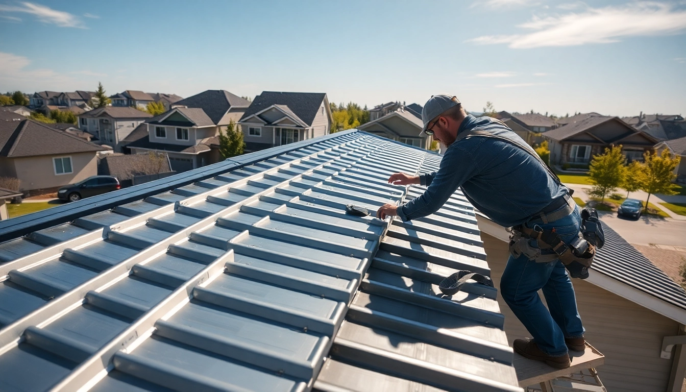 Install metal roofing calgary showcasing a contractor at work on a suburban home.