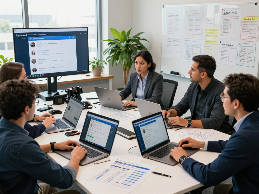 Collaborative team in a political campaign office analyzing political google ads performance with laptops and voter data reports.