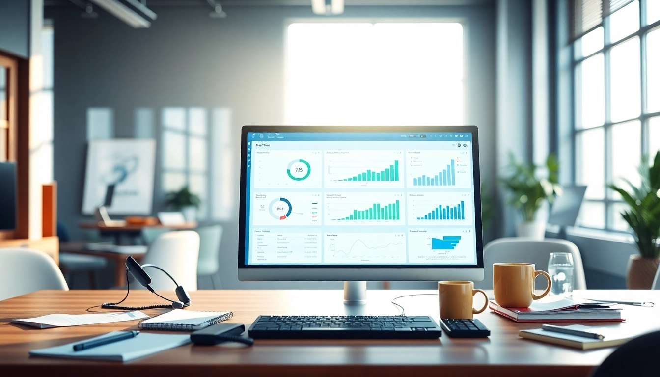 Showcasing call centre software in action with a user analyzing metrics, in a modern office.