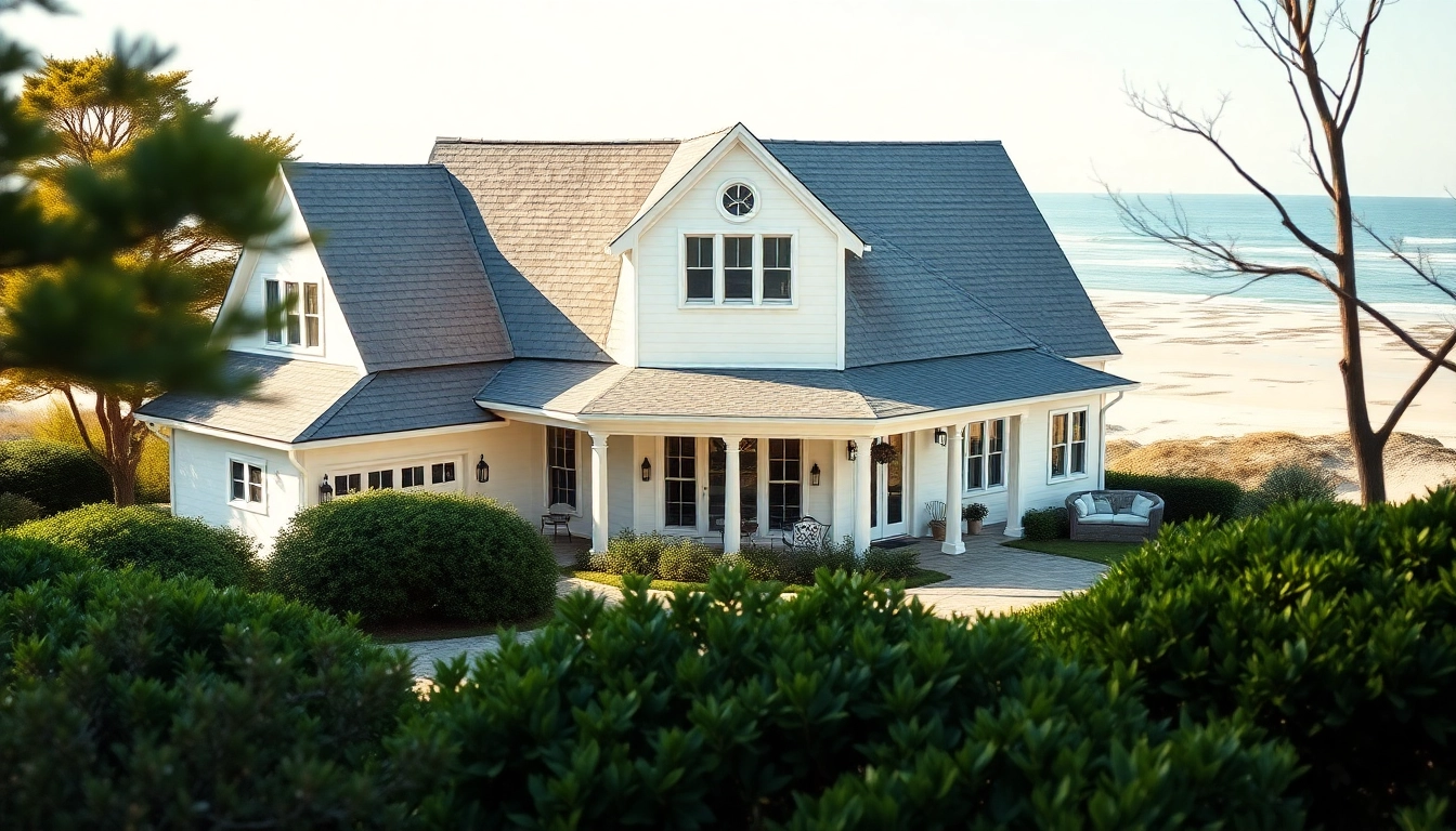 Cape Cod home with an attached garage and coastal features amidst serene landscaping.