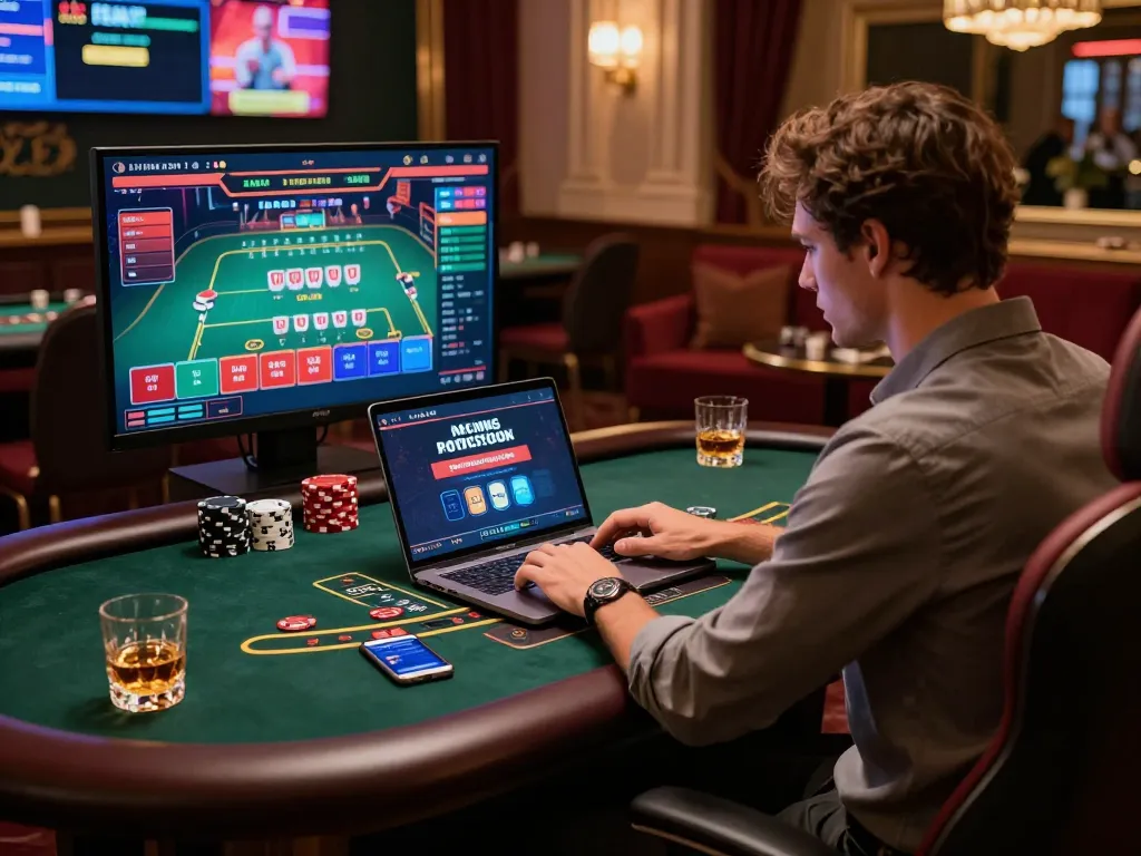 Engaged player at an elegant online 바카라사이트 gaming table, showcasing live dealer interaction and sophisticated atmosphere.