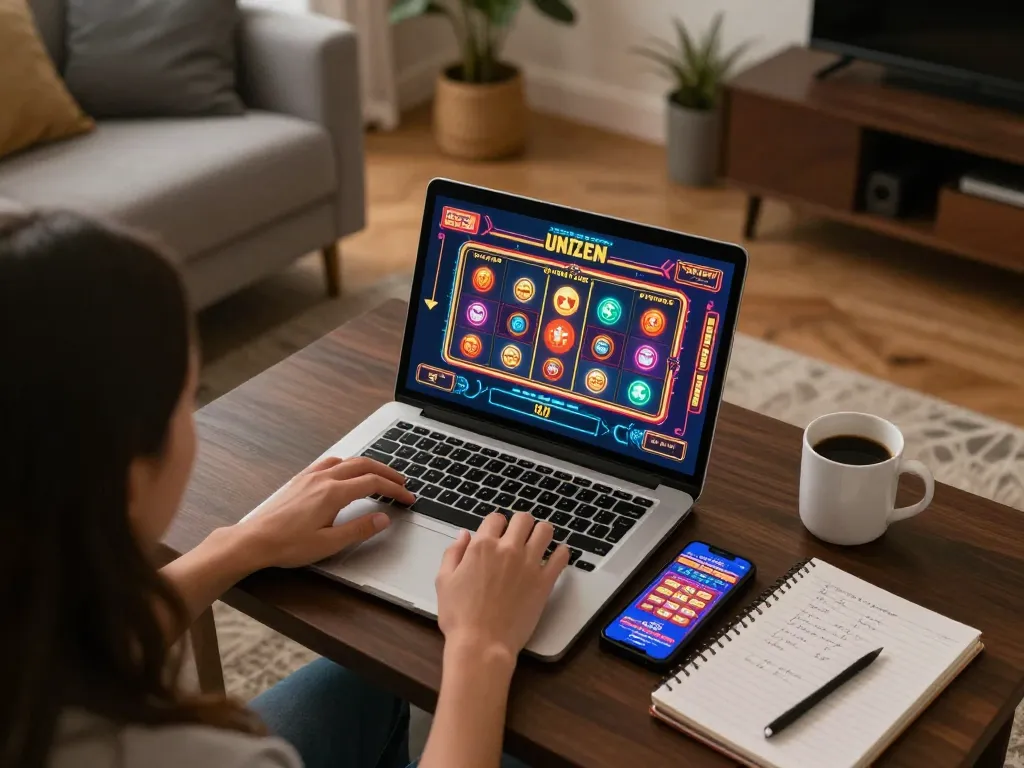 Engaging online gaming session at home featuring tr88 app on laptop and smartphone, responsible betting practices emphasized