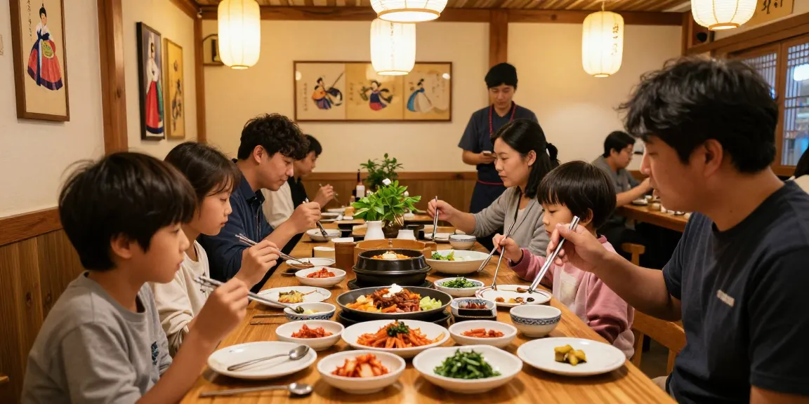 Family enjoying a traditional meal at a 상봉동 한국관 restaurant, featuring colorful dishes and a cozy ambiance.