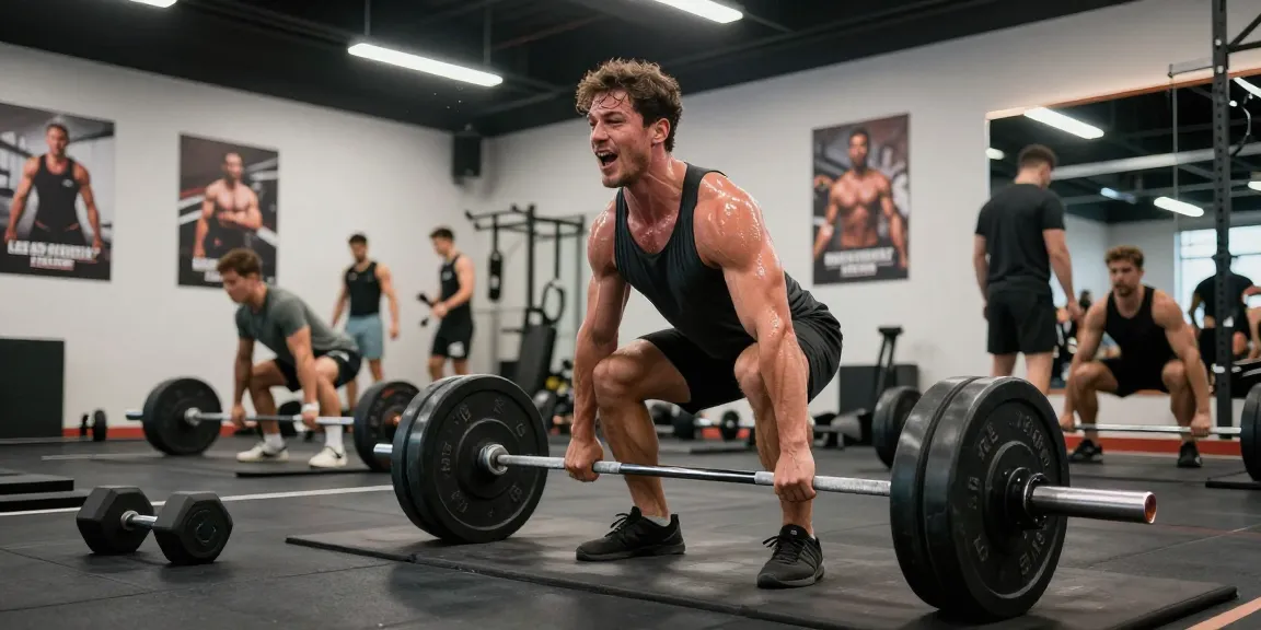 Unique Pharma Steroid Shop showcasing dedicated bodybuilder during intense deadlift workout in a vibrant gym setting.