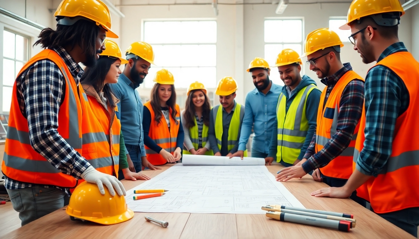 Individuals engaged in construction training collaborating on project tasks.