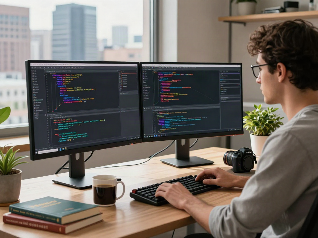 Developer coding at dual monitors showcasing bro138 link in a modern office.