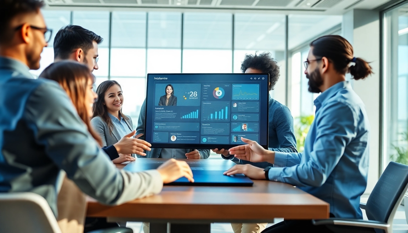 Interact with a virtual enterprise assistant in a contemporary office environment filled with digital interfaces and teamwork.