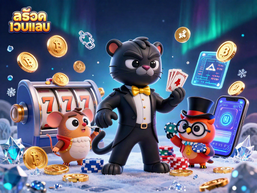Engage with สล็อตเว็บตรง as a stylish panther deals cards in a vibrant 3D casino scene filled with crypto and slot elements.
