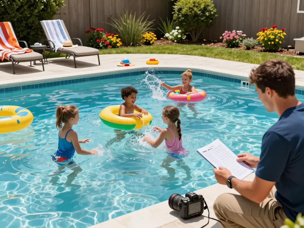Families enjoying sunny day at pool maintained by Dolphin Pool Services, showcasing fun and professional care.