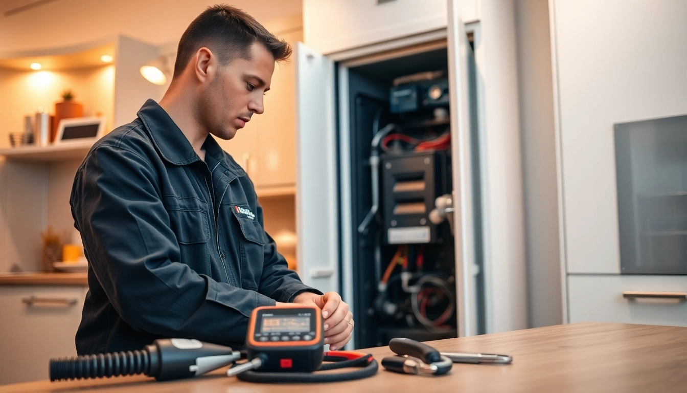 Gas engineer bristol inspecting a modern boiler in a stylish home environment.