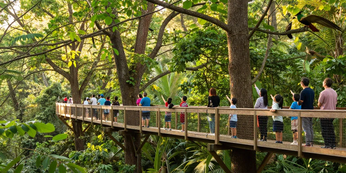 Treetop Walkway surrounded by lush greenery, families exploring and enjoying nature.